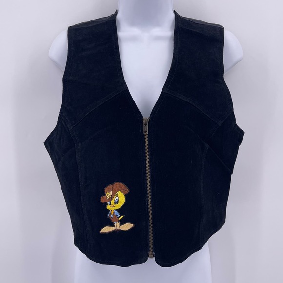 Warner Bros Jackets & Blazers - Vintage 1996 Warner Bros Sz S Looney Tunes TWEETY Bird Vest Black Leather Suede